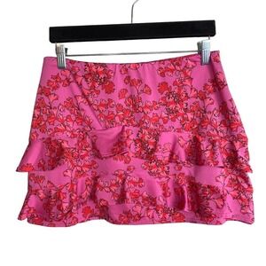 Tail Skort Ruffles Flounce Tiered Skirt Pink Red Floral‎ Size M